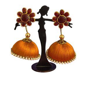 Vintage Orange Silk Thread Jhumka Earrings Red Floral Bolly Faux Pearl 2" Estate